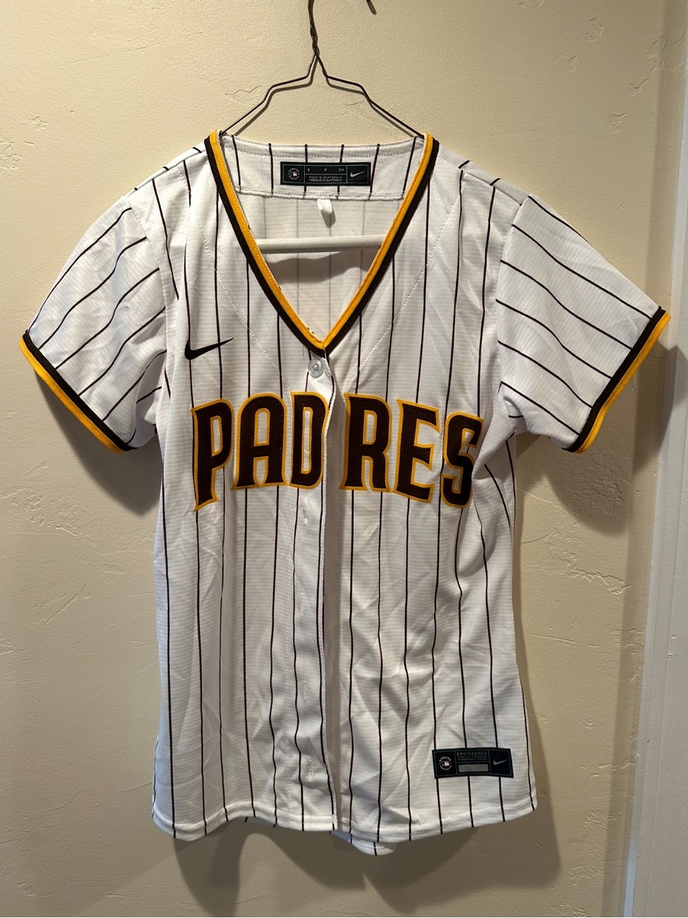 Nike Padres Pinstripe Jersey - White, Brown & Gold